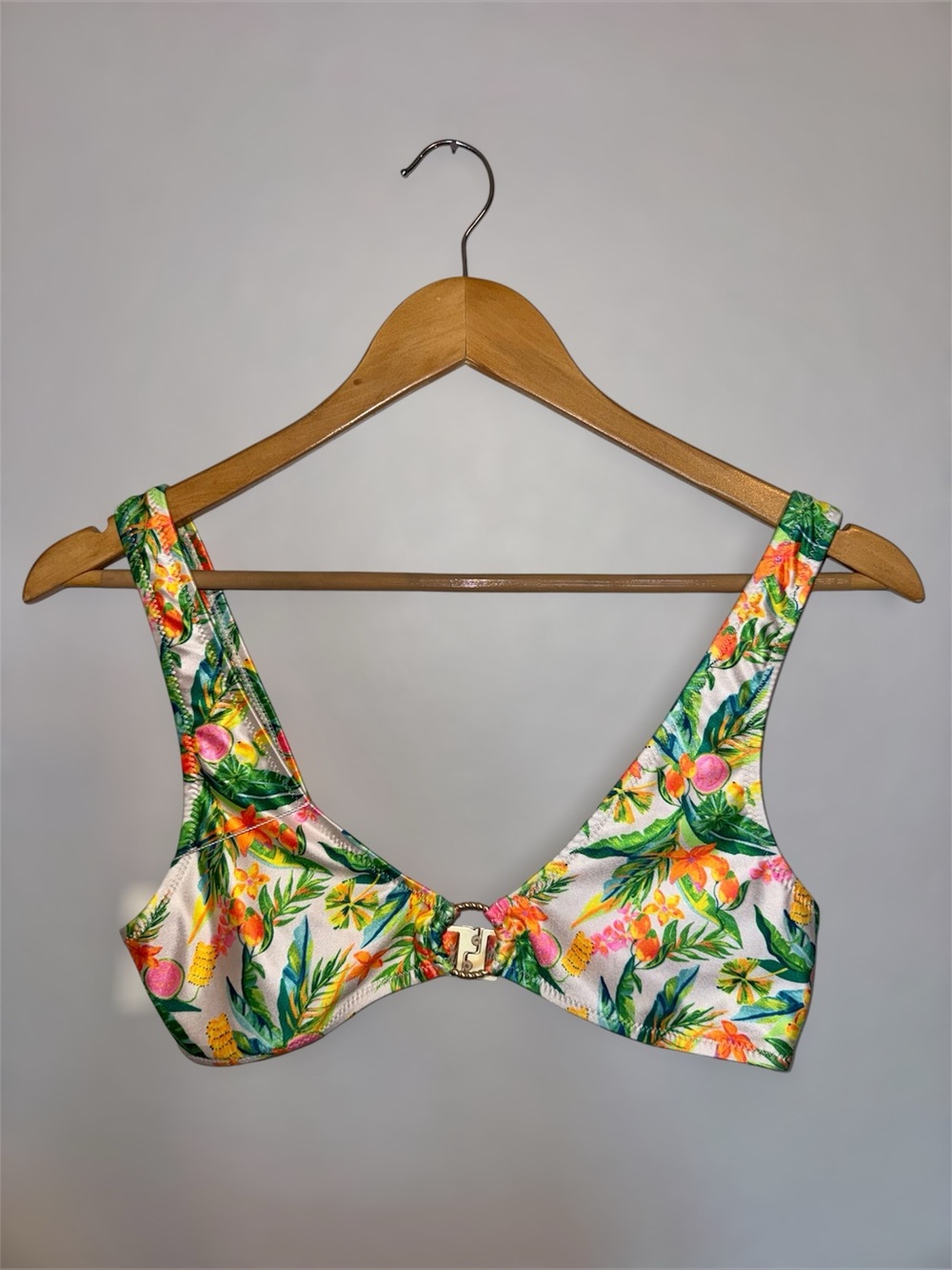 New Kulani Kinis Tropical Floral Swim Top - White, Green, Pink, Orange Medium